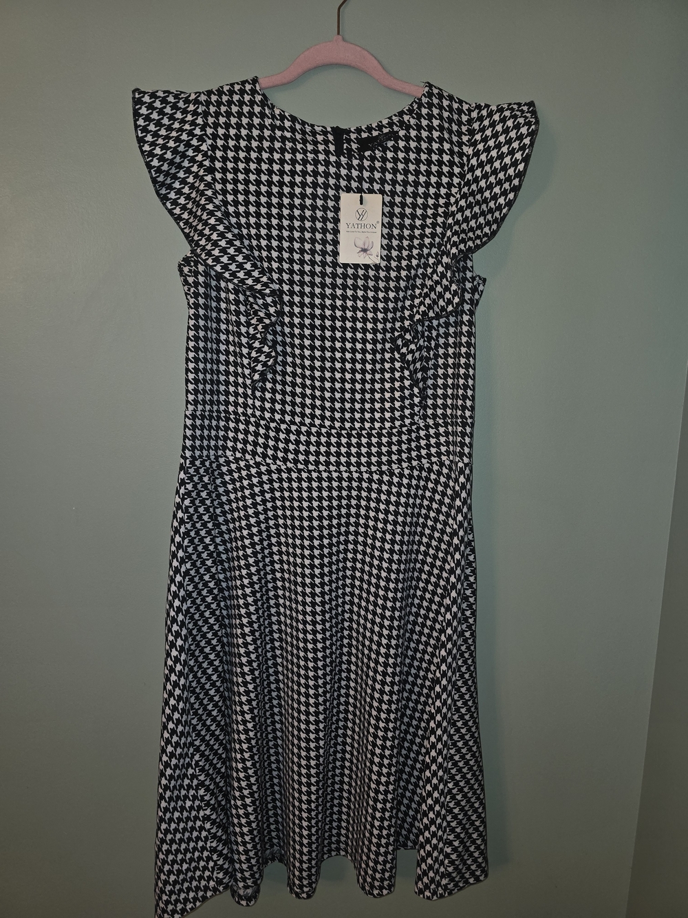 Yatron Black & White Houndstooth Midi Dress with Ruffle Shoulders